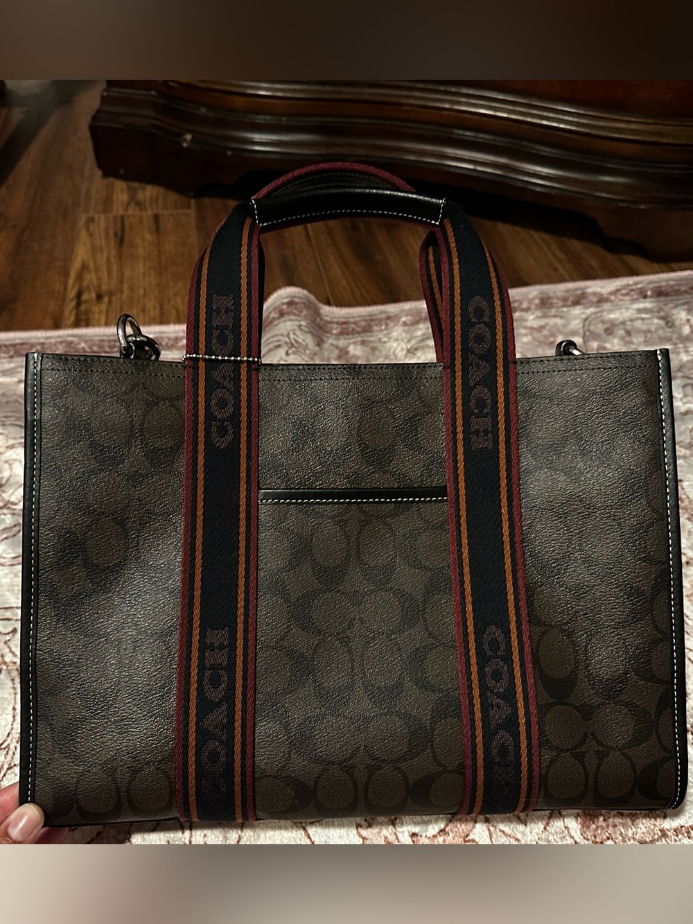 Coach Brown Signature Canvas Tote with Black and Burgundy Straps